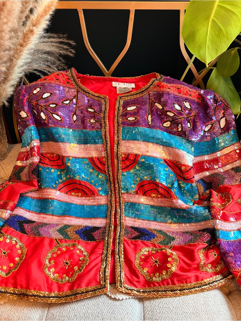 HOLLY’S 100% Silk Fully Beaded Sequin Jacket size M Wearable Art Statement